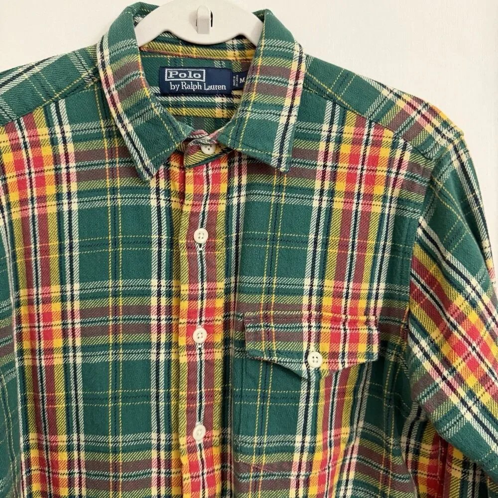 Polo Ralph Lauren Flannel Shirt Mens Medium Green Plaid Longsleeve 90s Vintage